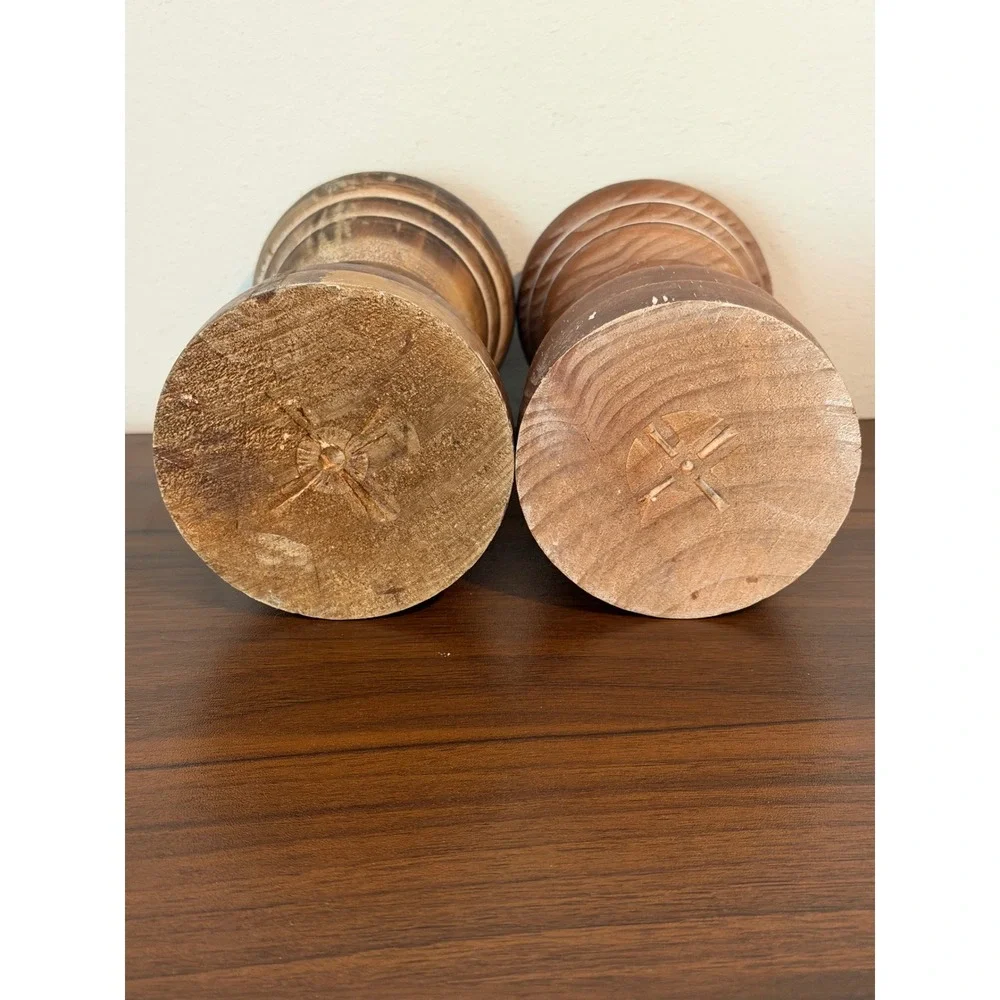 Set of 2 Rustic Distressed Wood Pillar Candle Holders Farmhouse Brown 6 Inch